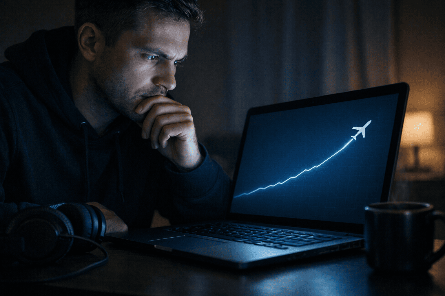 jugador_concentrado_pantalla_avion_subiendo_decision.