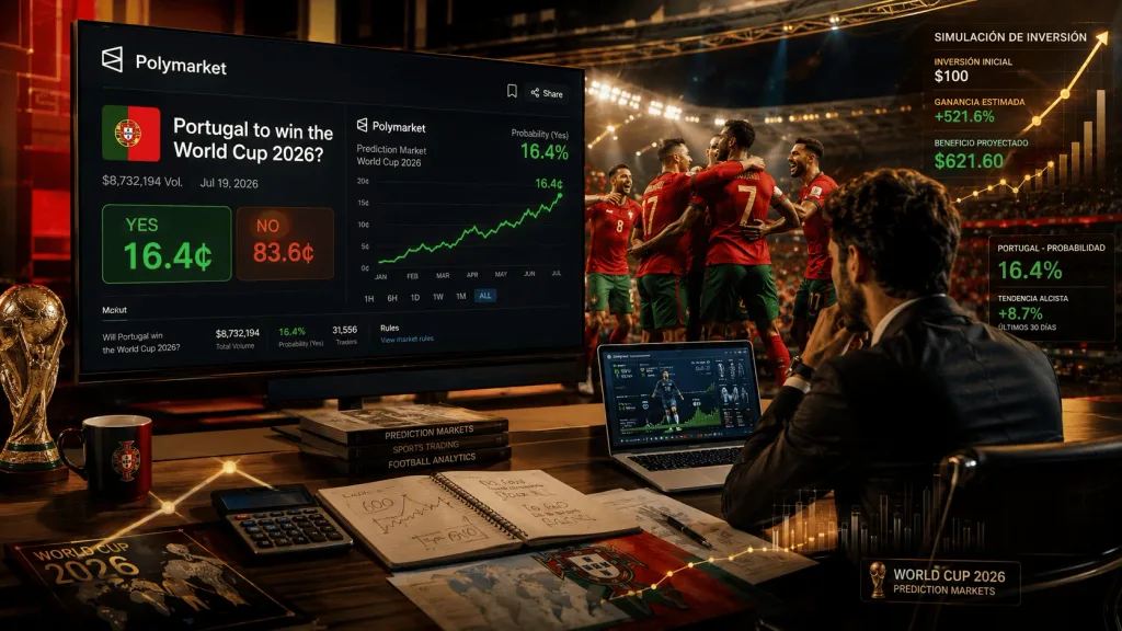Apuestas deportivas y Polymarket explicadas mediante gráficos realistas. Visualización del pago potencial de Portugal en el Mundial de fútbol 2026, cuotas deportivas, trading deportivo, estadísticas de fútbol y escenarios de rentabilidad.