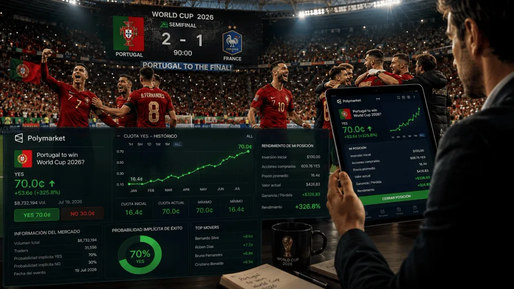 Apuestas deportivas sobre Portugal en Polymarket para el Mundial de fútbol 2026. Imagen realista mostrando inversión de 100 dólares, cuotas 16.4 centavos, estadísticas de fútbol, probabilidades deportivas, pronósticos Mundial 2026 y análisis de ganancias potenciales.